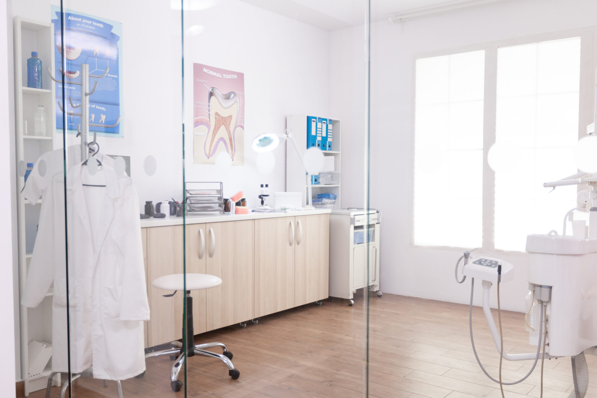 Dental clinic treatment room prepared for patient care
